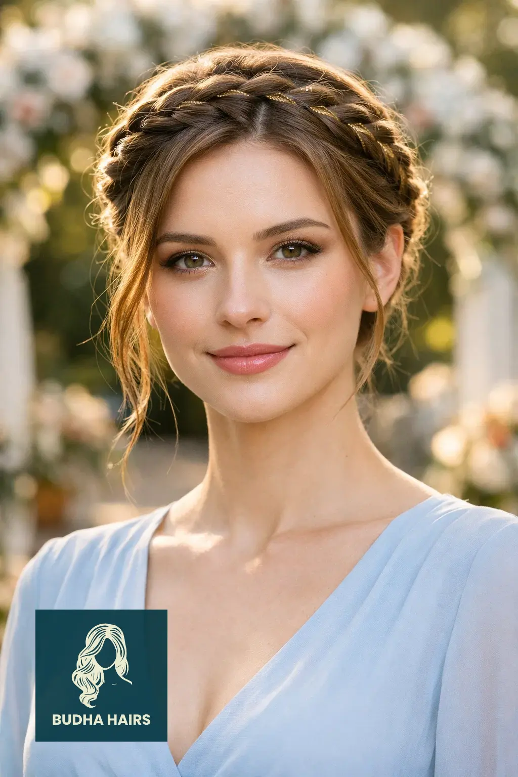 40 Timeless Wedding Guest Hairstyles That Never Go Out of Style 32 The Twisted Halo with Gold Thread