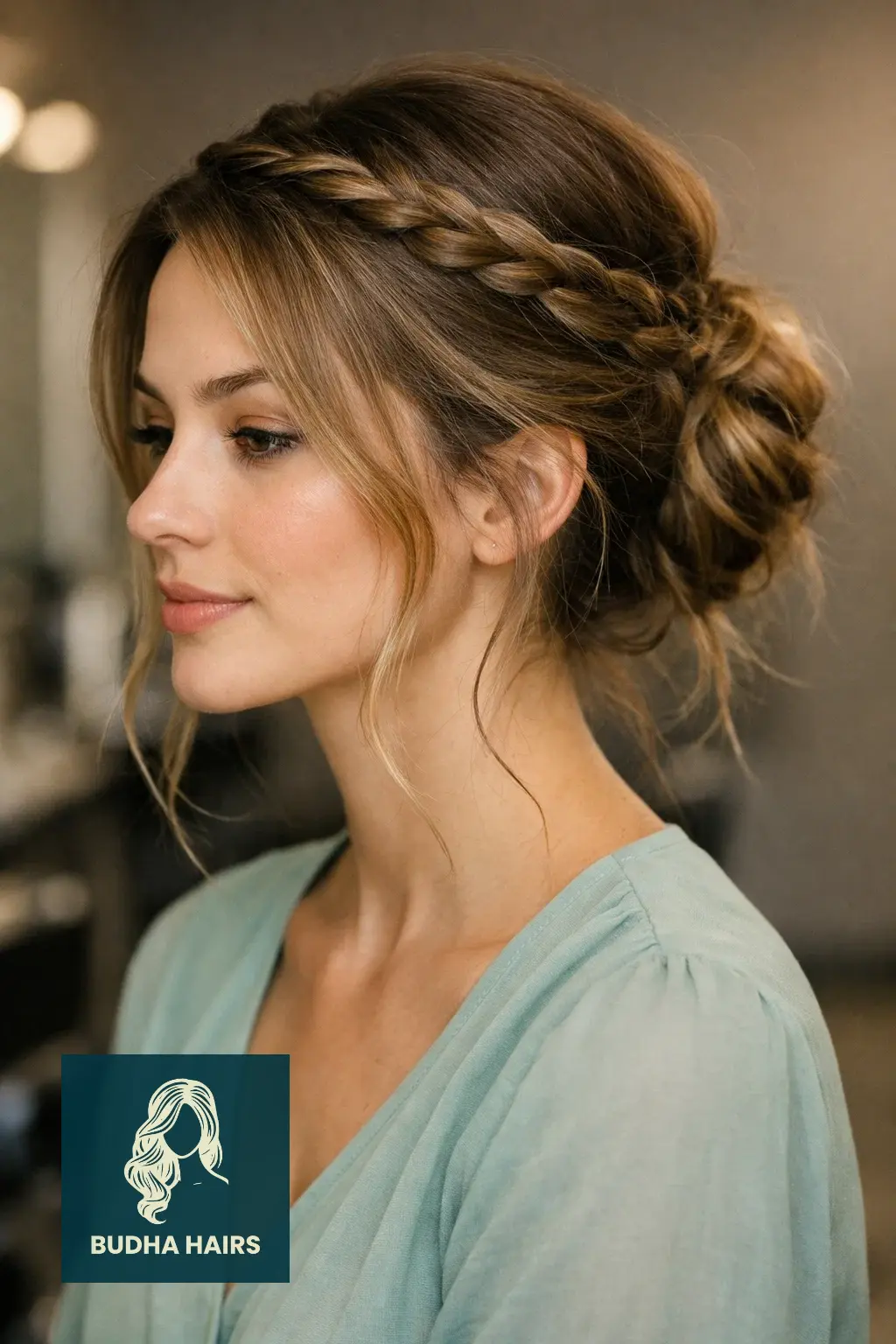 30 Hair Updos for Medium Hair That Look Effortlessly Chic 21 The Twisted Halo with Messy Bun