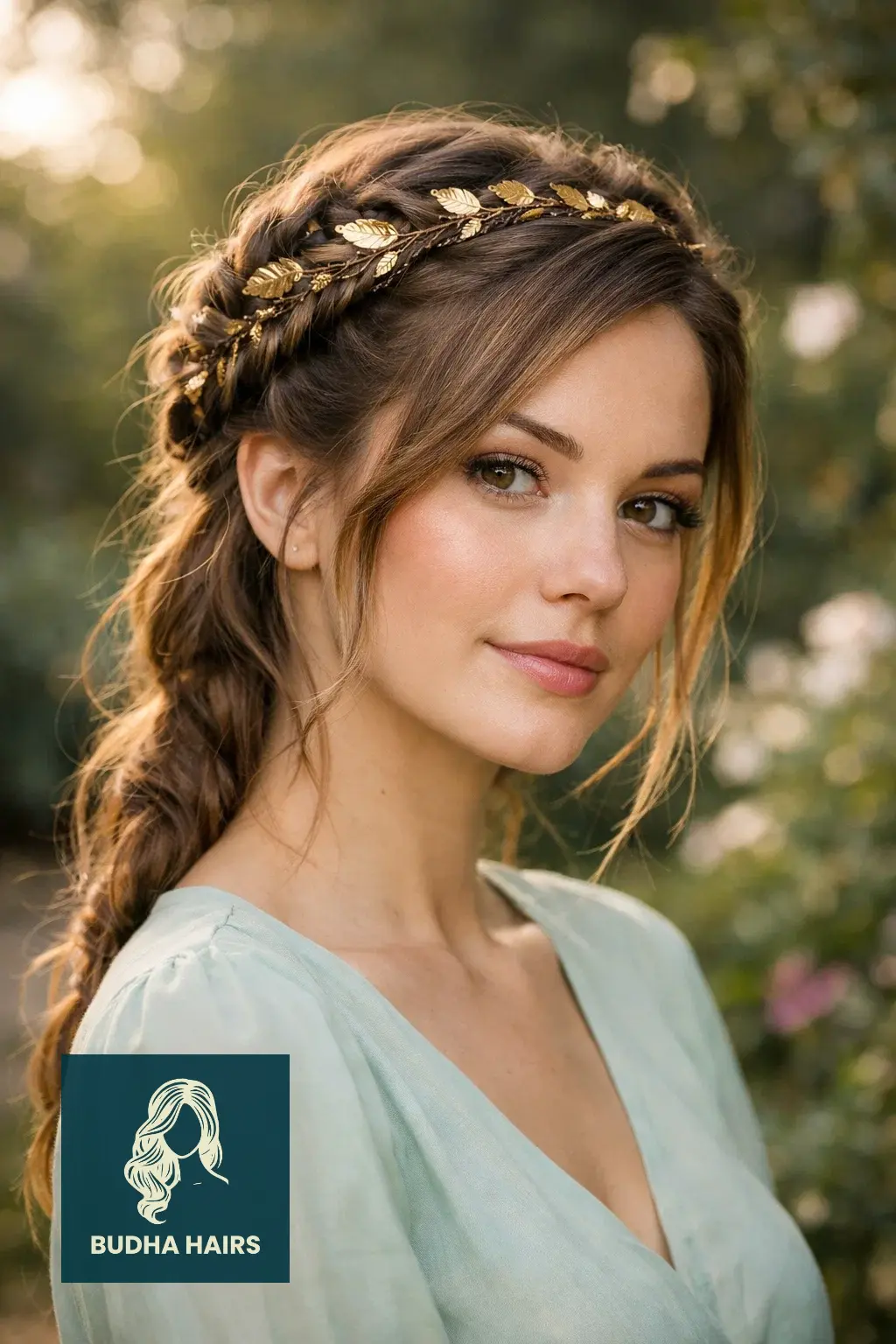 30 Best Fairy Hairstyles: Enchanting, Whimsical & Ethereal Looks 7 Twisted Crown Braid with Delicate Gold Leaves