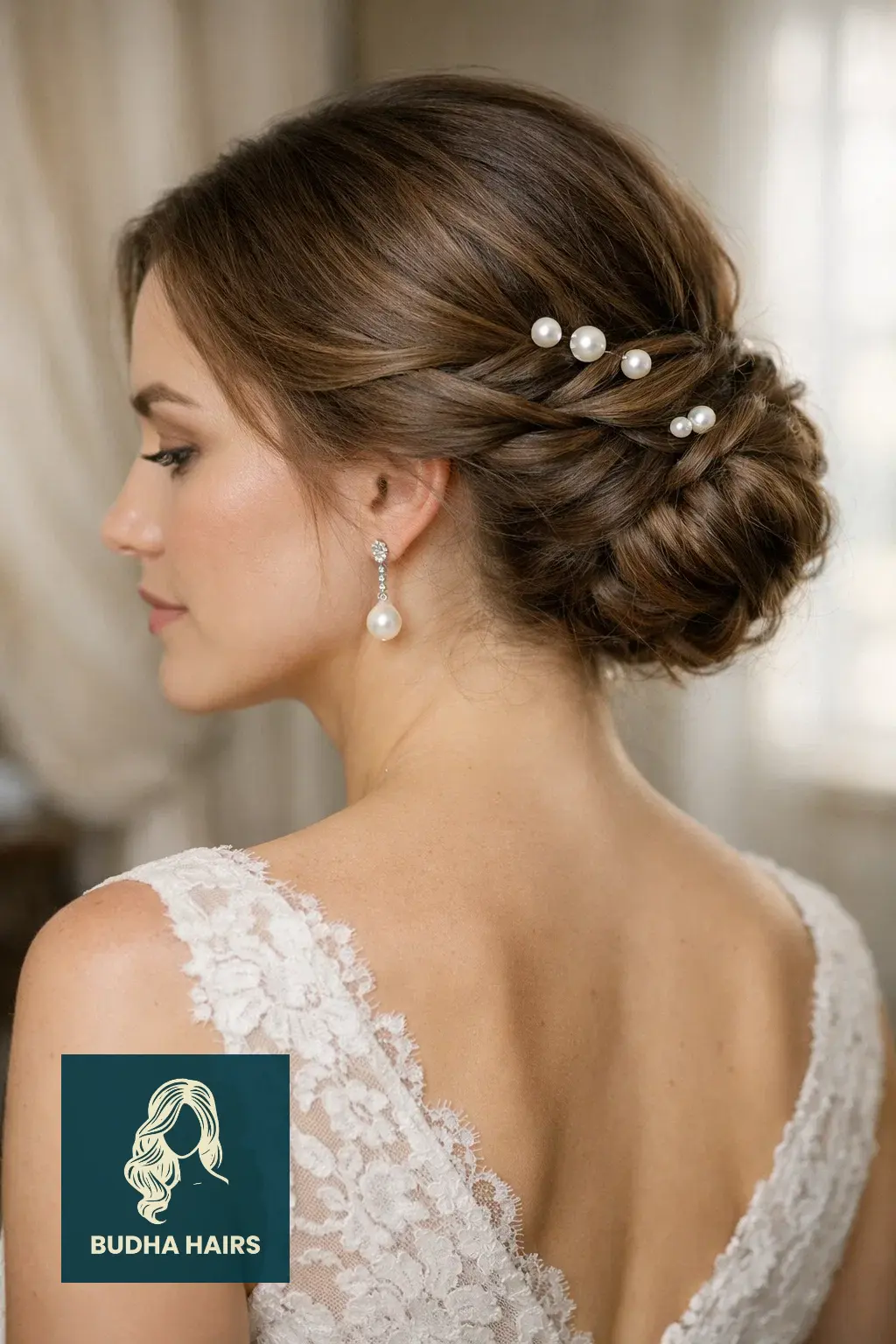 39 Best Hairstyles for Thin Hair for Wedding for a Full Look 5 Twisted Low Bun with Pearl Pins