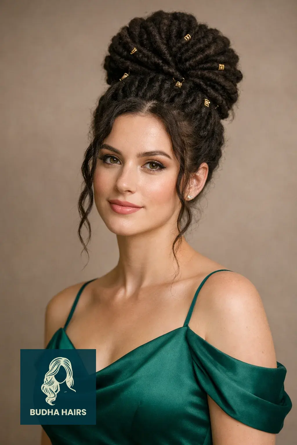 30 Bridesmaid Hairstyles That Blend Elegance with Modern Style 28 Voluminous Tapered Loc Bun with Gold Cuffs