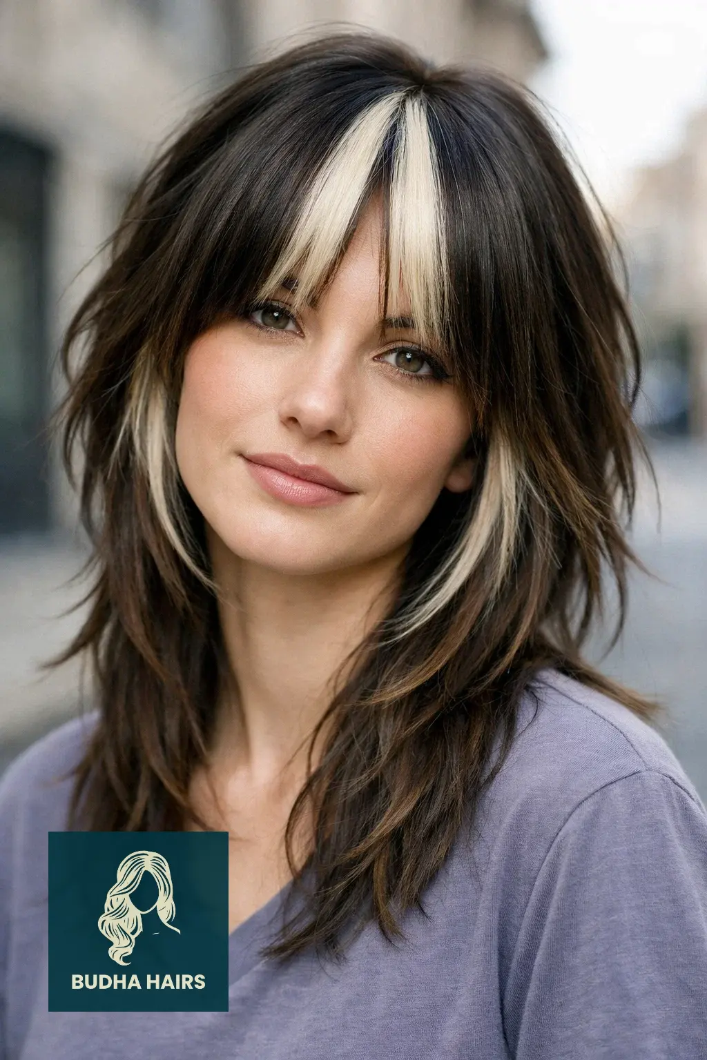 Wolf Cut with Curtain Bangs: 25 Best 2026 Trendy Styles 15 Wolf Cut with "Skunk Stripe" Curtain Bangs